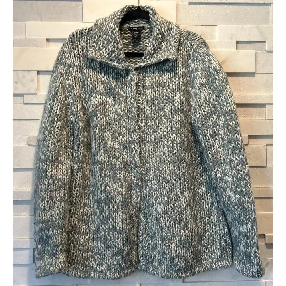 ANTHROPOLOGIE Wool Mohair Chunky Knit Oversized Collared Cardigan Sweater L